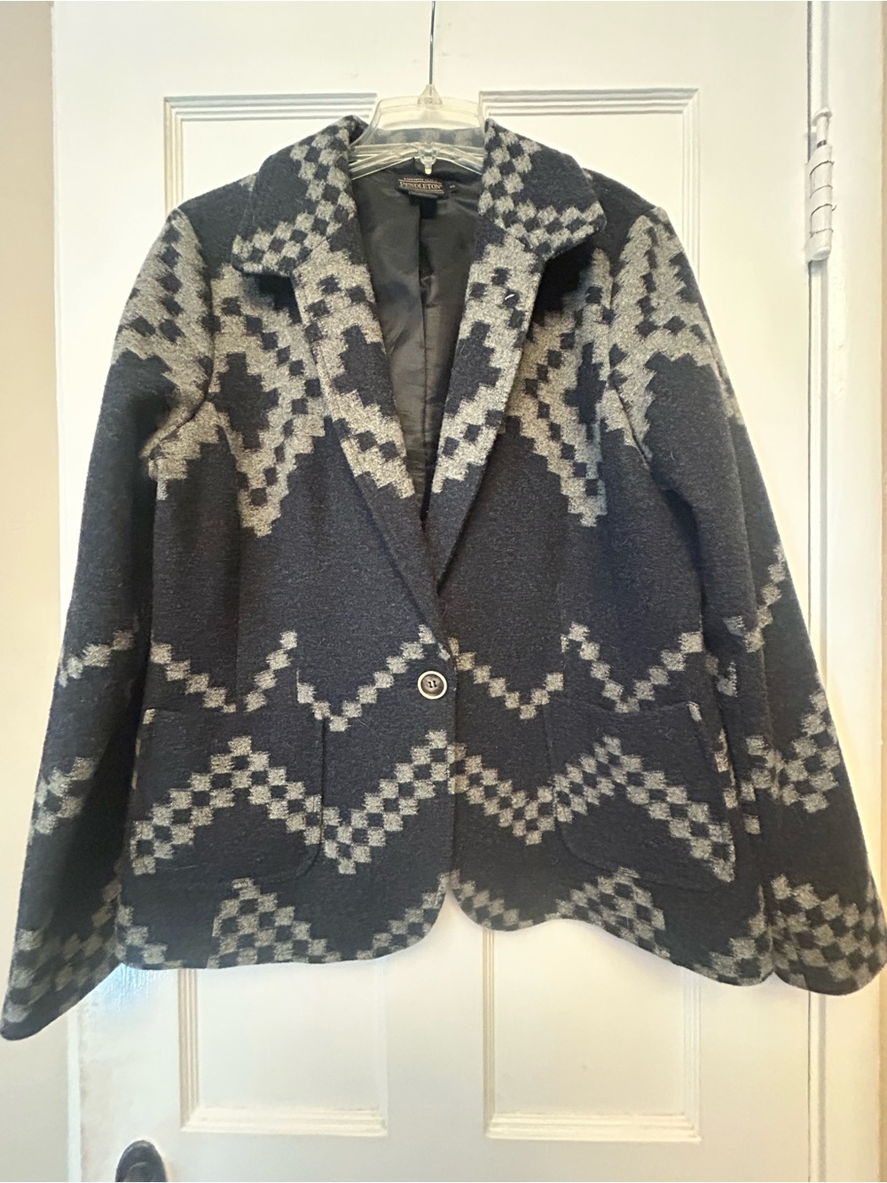 Vintage Pendleton Navy & Cream Geometric 100% Virgin Wool Blazer Size XL